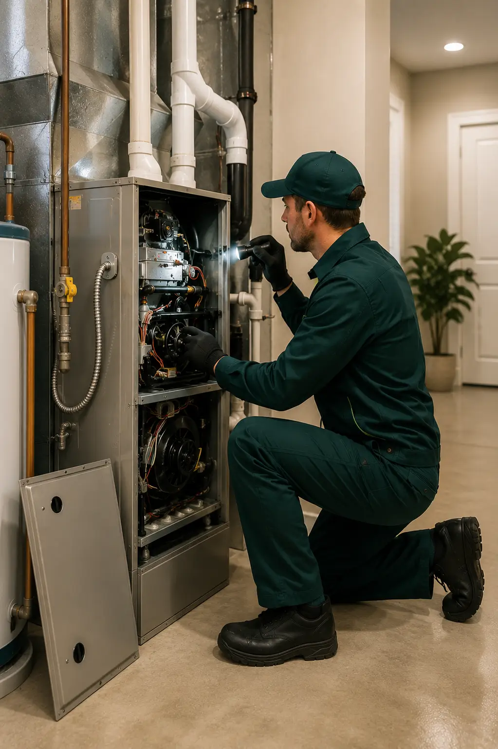Technician inspecting furnace components before cleaning in Desoto TX