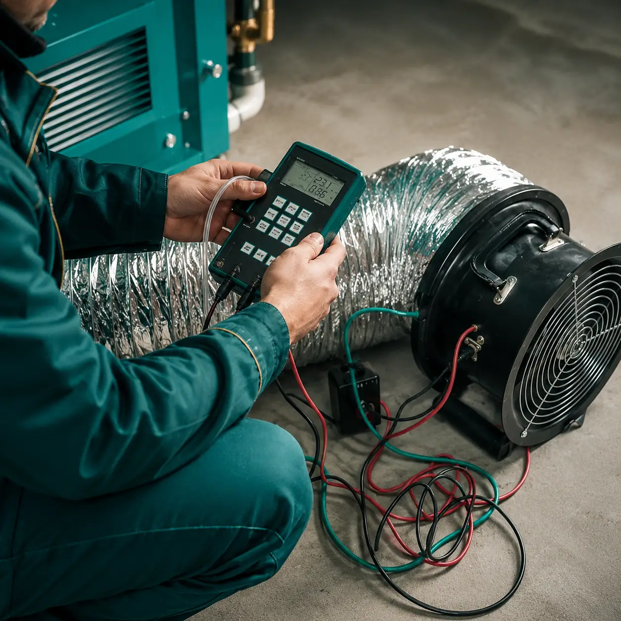 Technician performing post-repair duct pressure testing in Desoto TX